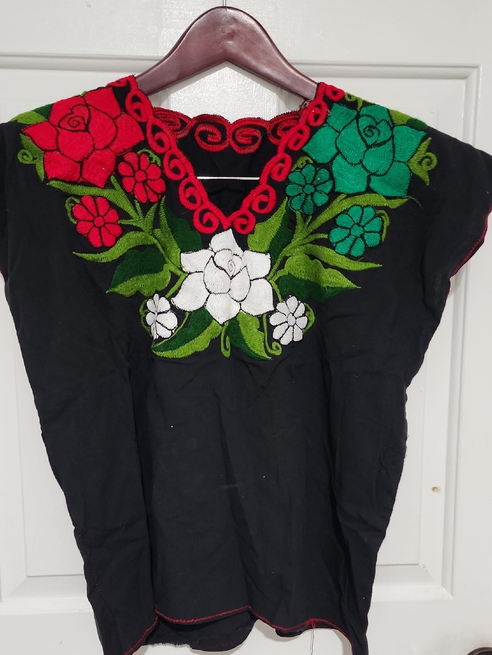 Hand-Embroidered Black Floral V-Neck Women’s Top
